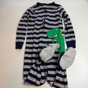 Carter's Navy and Gray Striped Footie with Green Dinosaur